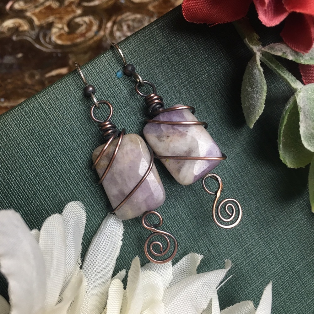 Amethyst bead copper wire wrap earrings 925 silver - Picture 2 of 5